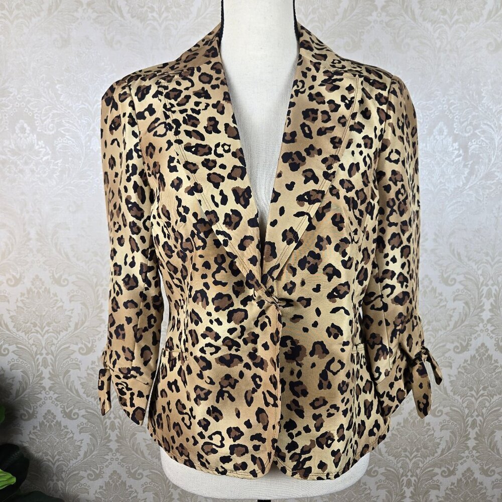 Allison Taylor Size 6 100% Silk Leopard Print Blazer ¾ Sleeve Ties at Cuffs